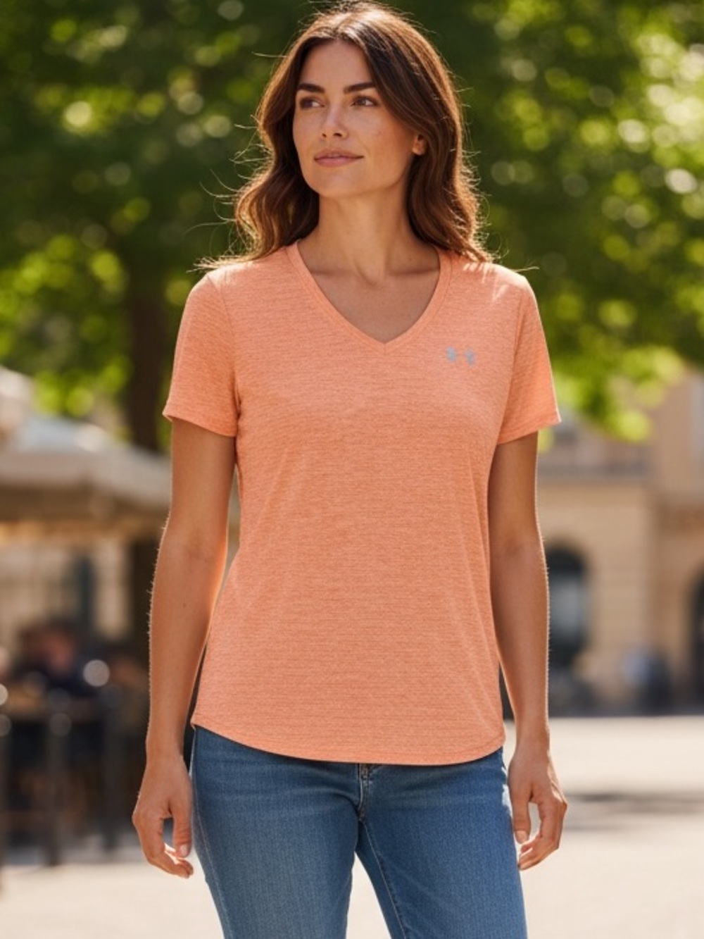 Under Armour Women’s Heathered Peach/coral V-Neck Performance Tee